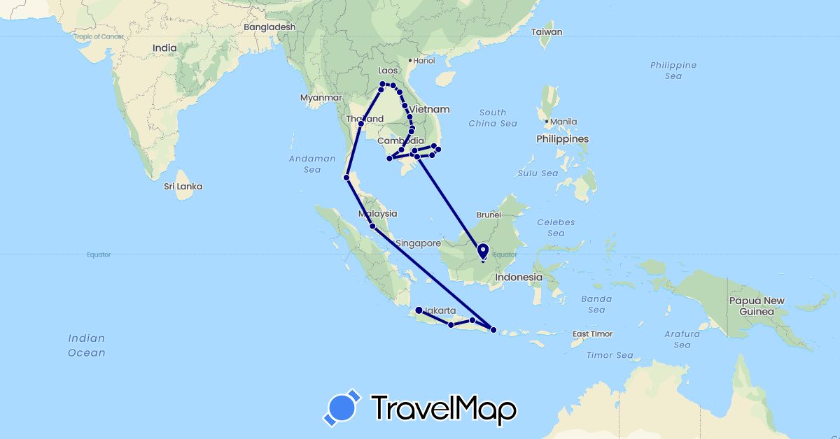 TravelMap itinerary: driving in Indonesia, Cambodia, Laos, Malaysia, Thailand, Vietnam (Asia)